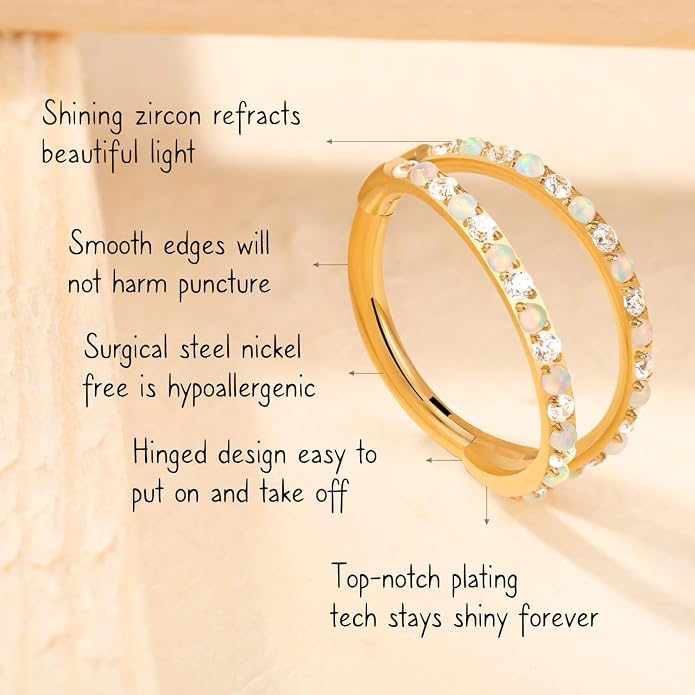 AROWRO Conch Piercing Jewelry Nose Rings Hoops Septum Rings Cartilage Earrings for Women Men Helix Piercing Jewelry Rook Tragus Surgical Steel Gold Silver 16G 18G 20G With Cubic Zirconia Opal