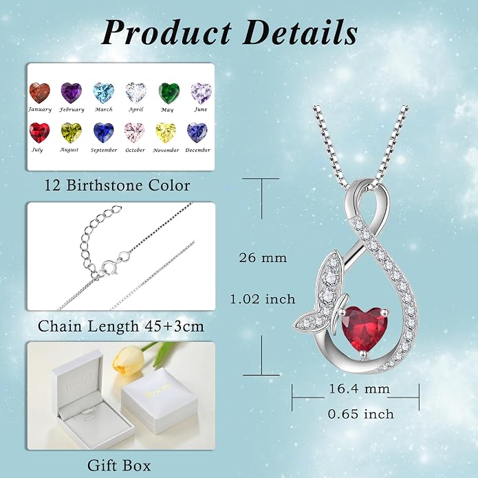 Infinity Butterfly Necklace for Women 925 Sterling Silver Heart Birthstone Created Gemstone Pendant Jewelry Gifts for Women Her