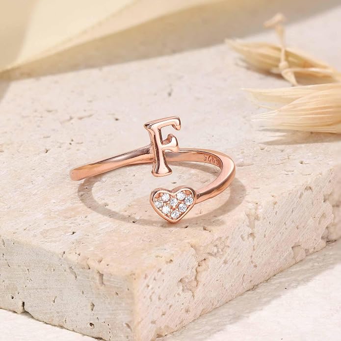 MILACOLATO 925 Sterling Silver Initial Rings for Women Teen Girl 18K Gold Plated Heart Initial Rings Adjustable Capital Letter Ring Stackable Thumb Pinky Rings for Daughter Birthday Bridesmaid Gifts Jewelry, A to Z