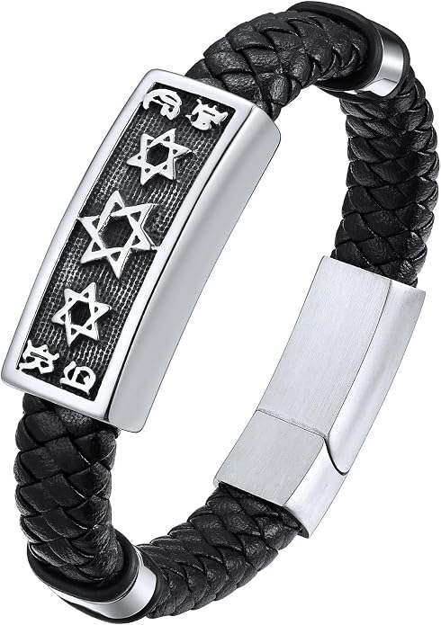 ChainsHouse Mens Wrap Braided Leather Black Bead Bracelets Bangles, Vintage Star of David/Wing Skull/Templar Cross Genuine Leather Bracelet, Customize Available, Size 7.5/8.3/9.0 Inch, Send Gift Box