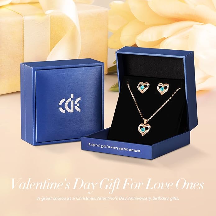 CDE Jewelry Sets for Women Love Heart Pendant Necklaces Earrings, 925 Sterling Silver with Birthstone Zirconia, Birthday Jewelry Gift for Wife Girlfriend Her
