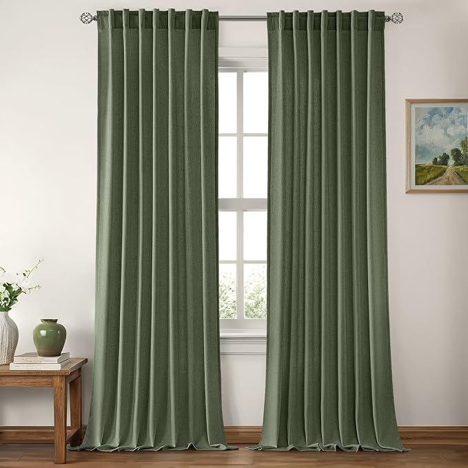 MIULEE Non-See-Through Privacy Linen Curtains 52Wx108L Inch Dark Green | 2 Panels, Light Filtering, Semi Sheer Window Curtains, Farmhouse Textured, Back Tab Drapes for Bedroom Living Room