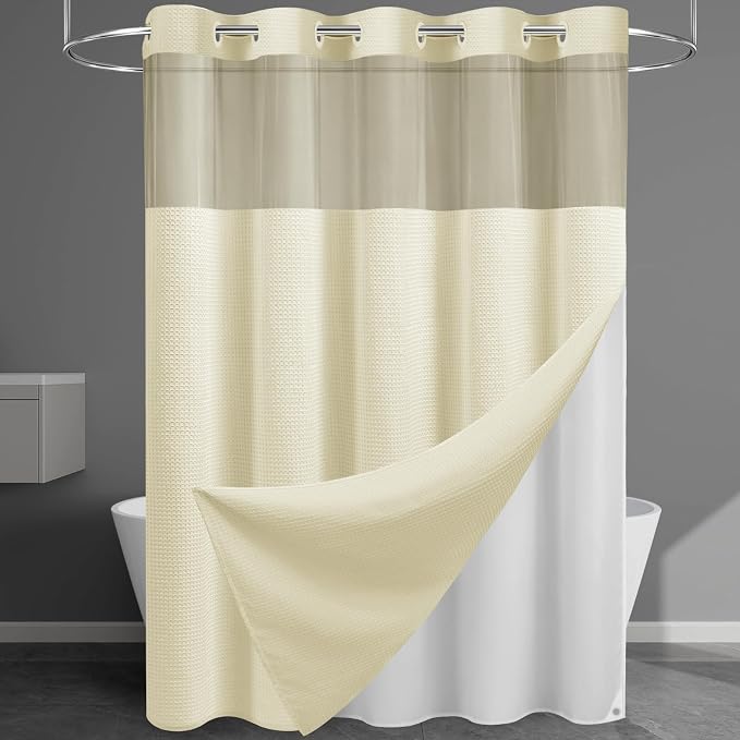 EUTXL Heavyweight Ivory Hotel Shower Curtain with Detachable Liner - 256GSM Waffle Textured,Hotel Grade,Spa Like Bath Curtain,71W x 74H