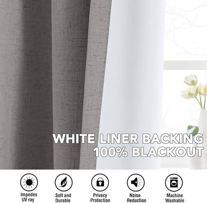 H.VERSAILTEX Linen Curtains 100% Blackout Curtains for Bedroom 96 inch Long Full Light Blocking Nature Linen Blended Window Curtains for Living Room Nickel Grommet (2 Panels, Heathered Dove)