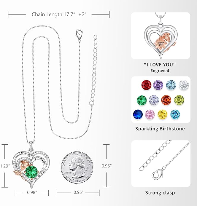 Birthstone Heart Necklaces for Women 925 Sterling Silver Fine Jewelry Rose Pendant Necklace Anniversary Birthday Mothers Day Gifts Her Wife Women Mom Daughter