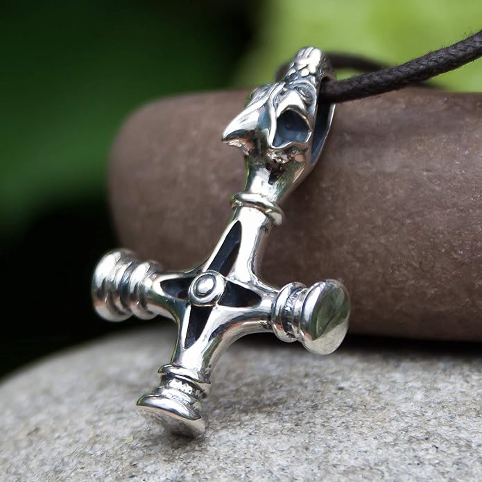 Viking Wolf Cross Necklace 925 Sterling Silver Bronze - Icelandic Thors Hammer Fenrir Pendant - Mens Amulet Norse Nordic Celtic Jewelry - Gothic Biker Gifts for Men - Handmade