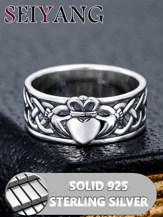 Seiyang Claddagh Ring 925 Sterling Silver Celtic Ring Jewelry Irish Band Gift for Men Women (with Gift Box)