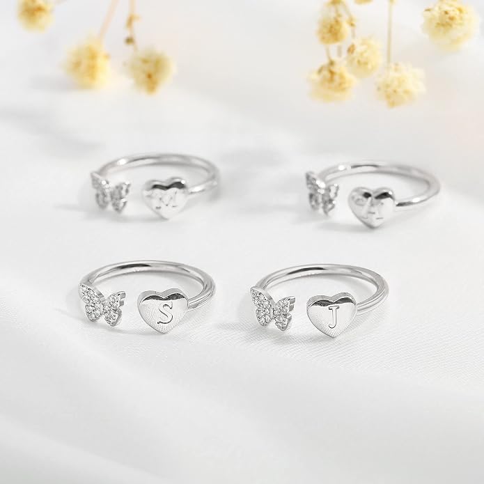 Initial Ring for Women Teens, Gold Plated Butterfly Heart Letter K Open Adjustable Ring, Dainty Alphabet Ring Jewelry Gift for Birthday