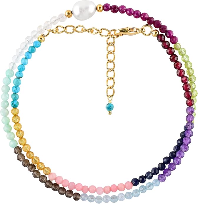 InfinityGemsArt Gemstone Gold Necklace For Women, Birthstone Natural Crystal Stone With Freshwater Pearl Beaded Jewelry, Gold Plated 18 Inch Chain