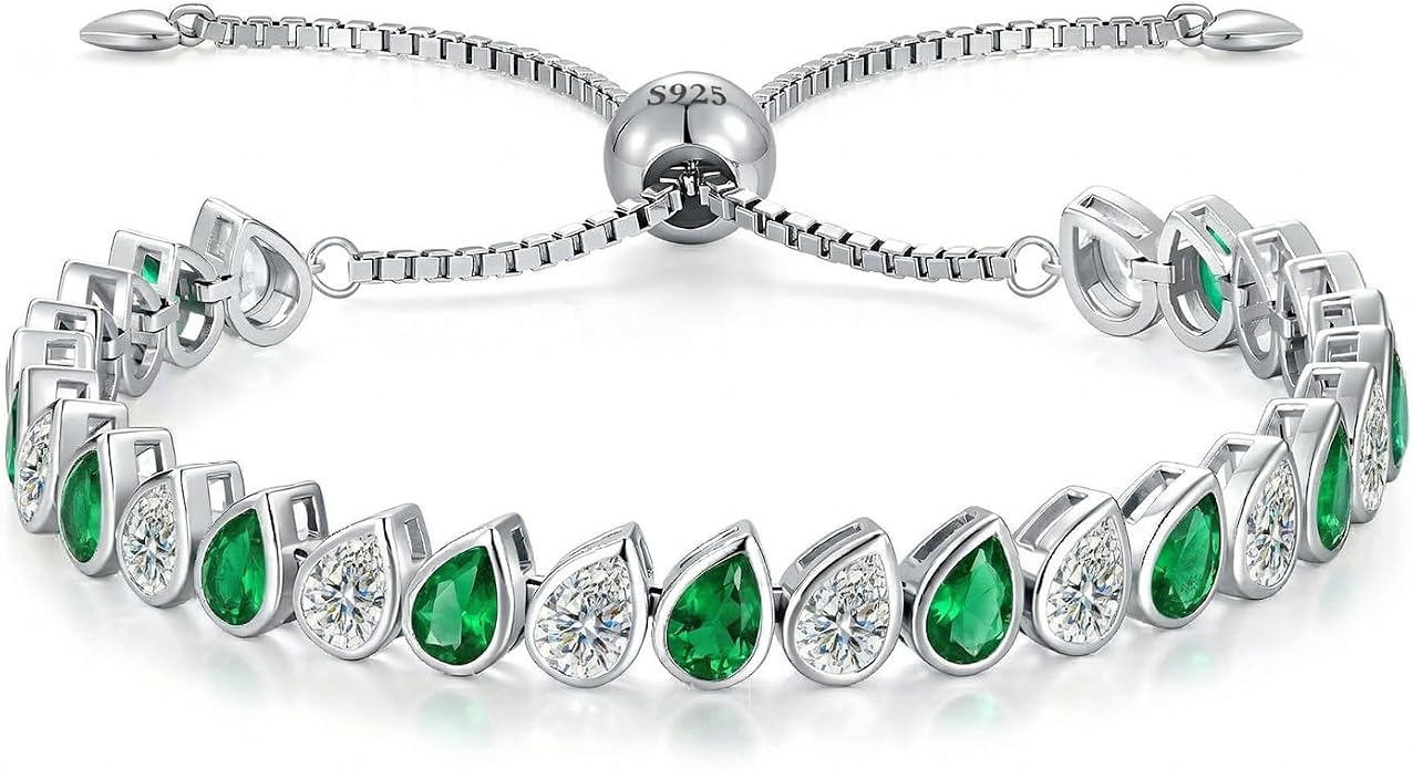 Birthstone Tennis Bracelet for Women 925 Sterling Silver Pear Shaped Gemstone Inlaid White Gold Plated Adjustable Chain Gifts for Mom Wife