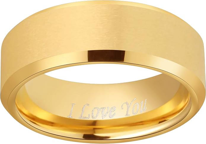 Crownal 4mm 6mm 8mm Black/Silver/Gunmetal/Gold Tungsten Wedding Couple Bands Rings Men Women Matte Brushed Finish Center Engraved "I Love You" Size 4 To 17
