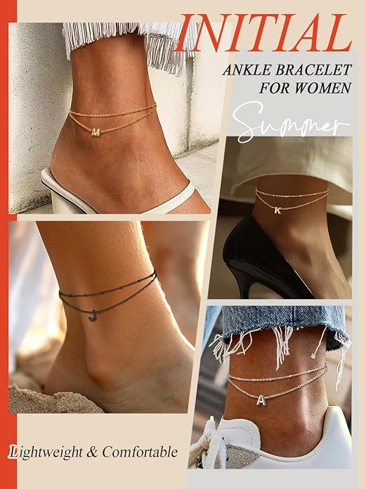 FaithHeart Initial Ankle Bracelets for Women, Waterproof 14k Gold Plated Initial Anklets Non Tarnish Stainless Steel Cute Layered Anklet Summer Beach Jewelry
