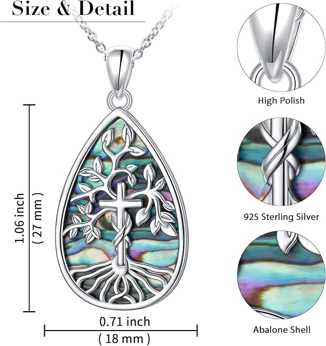 Abalone Shell Tree of Life Necklace 925 Sterling Silver Tear Drop Cross Pendent Necklace Mothers day Christmas Jewelry Gift for Women Men