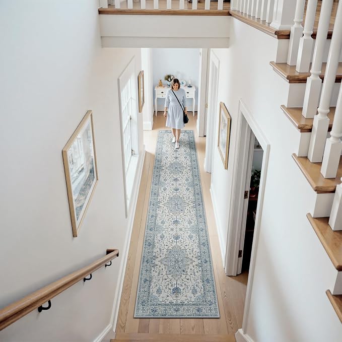 RELEANY Area Rugs Runner 2'6"x12' Washable Non-Slip, Floral Vintage Distress Medallion Carpet for Kitchen Hallway Bedroom Beside Laundry Room Bathroom, Light Blue Navy Gray White