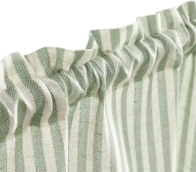 Vangao Green Stripe Linen Tiers Curtains 36 Inch Farmhouse 2 Panels | Light Filtering, Semi Sheer, for Kitchen, Living room, Tickingstripe Drapes, Pinstripe, Window Treatments