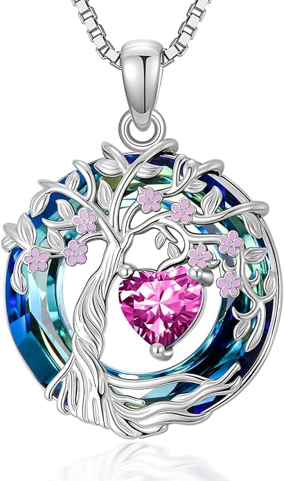Tree of Life Birthstone Necklace 925 Sterling Silver Crystal Tree of Life Pendant Birthstone Jewelry Birthday Christmas Gifts for Women Mom Her Wife