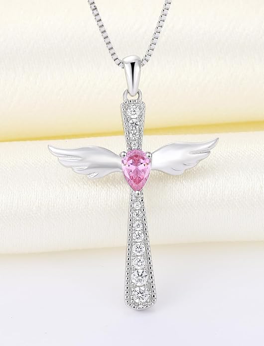YL Cross Necklace 925 Sterling Silver Angel Wings Pendant Teardrop Birthstone Criss Jewelry for Women