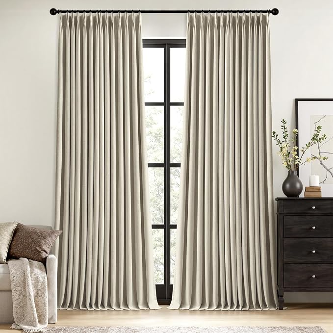 MIULEE Burlywood Birch Pinch Pleated 100% Blackout Linen Curtains for Bedroom, Room Darkening Memory Trained Window Curtains 102 inches Long for Living Room, Black Out Pleat Drapes, 2 Panels