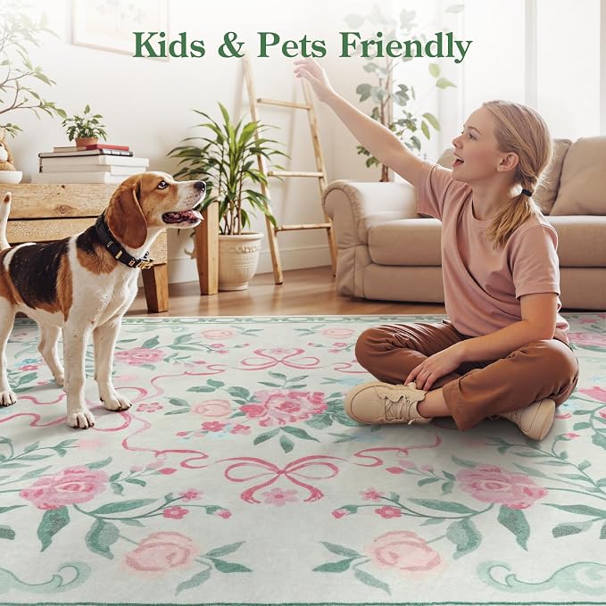 Collive Green Floral Rugs for Girls, 5x7 Washable Bow Area Rug for Living Room, Cute Ultra-Thin Non Slip Indoor Decor Carpet for Nursery Kids Room Bedroom Playroom (Green 5' x 7')