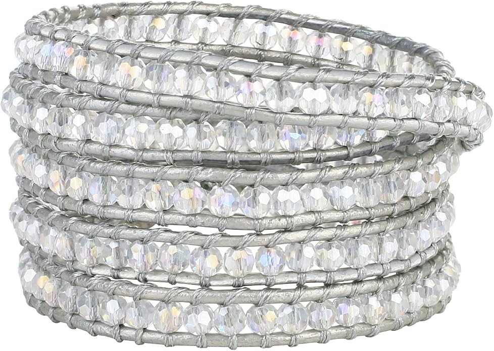 KELITCH Pearl Crystal Beads Bracelets Handmade Natural Leather 5 Wrap Bracelet for Women Classic Bangle Jewelry