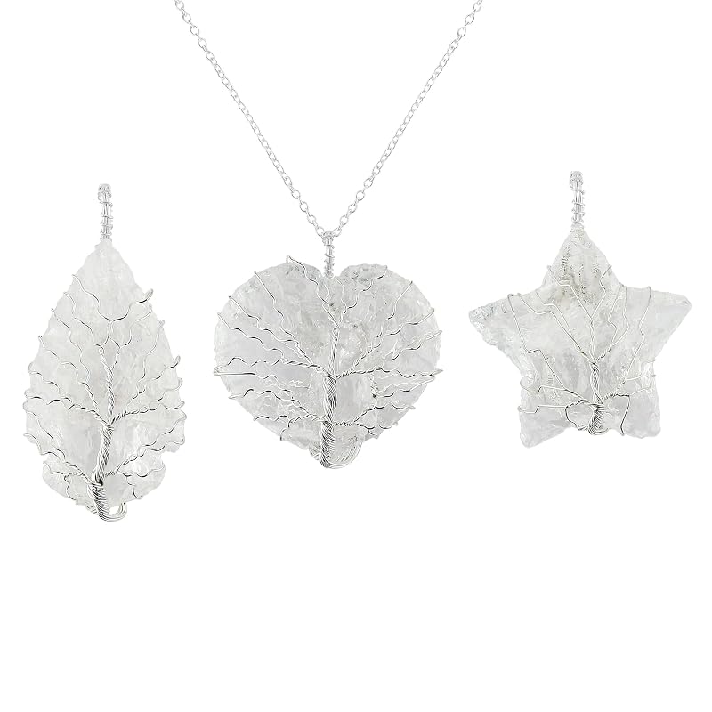 Tree of Life Craft - Raw Quartz Rough Crystals Pendant Necklace, Heart & Star & Arrow Shapes, Wire Wrapping, Gift Giving Women Jewelry with Dainty Silver Plated Chain 18 inch (3pcs)