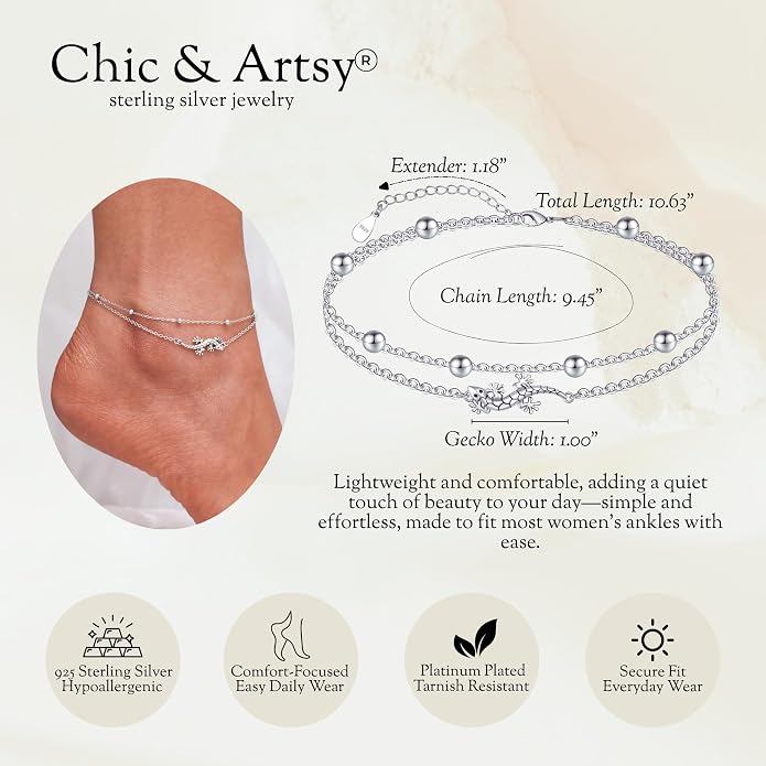 CHIC & ARTSY 925 Sterling Silver Ankle Bracelets for Women, Adjustable Layered Foot Chains with Nature & Symbol Charms, Lightweight Comfort Fit Boho Beach Everyday Jewelry
