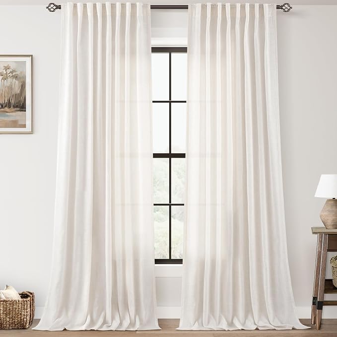 Cream Natural Linen Curtains 90 inch Length 2 Panels Set Neutral Rustic Farmhouse Living Room Drapes Back Tab Pleated Look Light Filtering Semi Sheer Curtains 90 inches Long Ivory Colored 60x90