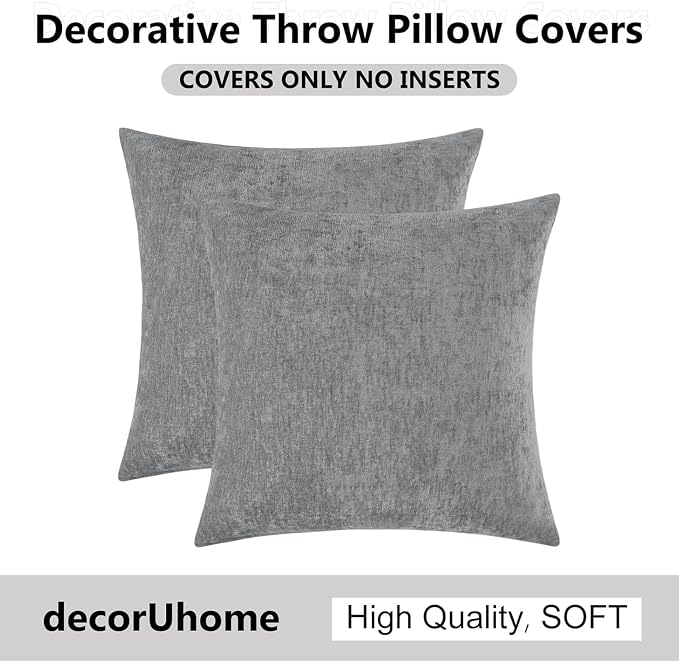 decorUhome Soft Chenille Dark Grey Throw Pillow Covers 24X24 Set of 2 | Decorative Fall Couch Pillow Covers Solid Dyed Accent Modern Euro Sham Farmhouse Neutral Square Pillow Cases for Sofa