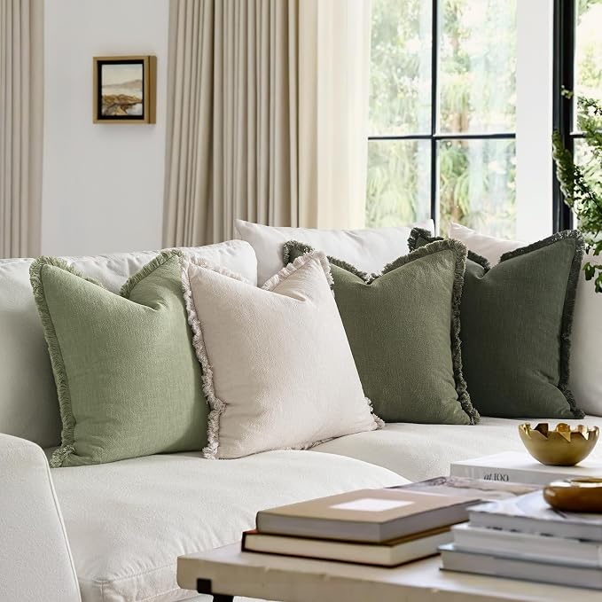 MIULEE Fall Linen Fringe Pillow Covers Set of 4 20x20 Beige/Sage Green | Boho Farmhouse Decorative Throw Pillow Covers, Neutral Soft Rustic Cushion Cases, for Couch Sofa Bed Living Room Home Decor