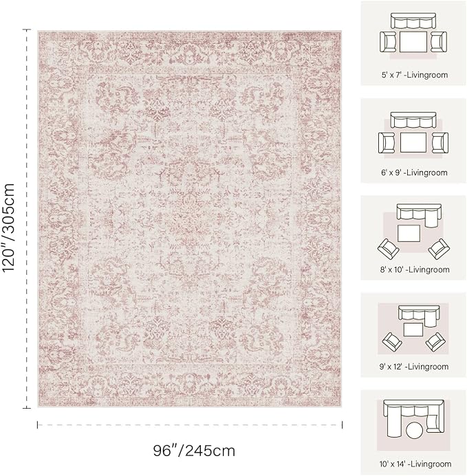 Rugxara 8x10 Pink Area Rug for Living Room & Bedroom, Large Washable Rugs for Nursery,Girls Room,Non Slip, Durable Low Pile Carpet, Vintage Carpets for Office, Dining Room, Kids Room and Farmhouse