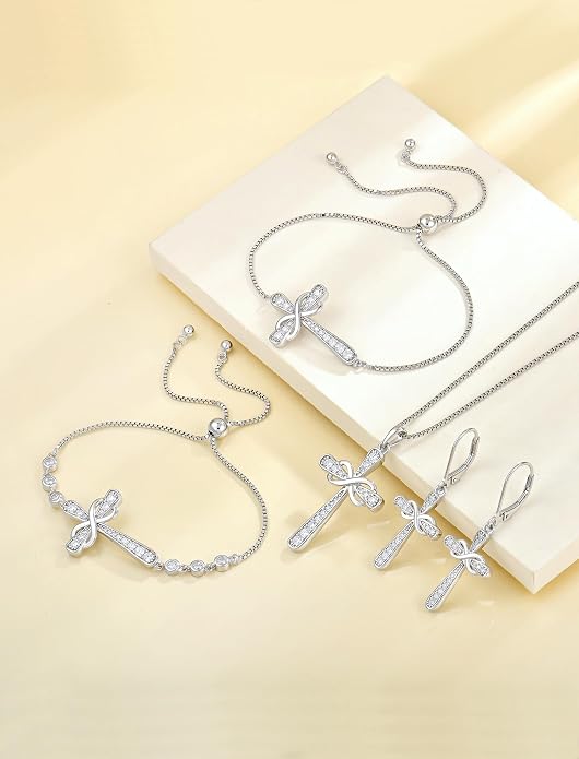 YL 925 Sterling Silver Cross Necklace for Women Halo Infinity Pendant Cubic Zirconia Jewelry for Mom