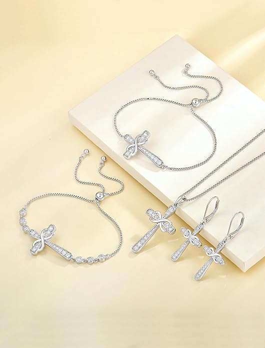 YL 925 Sterling Silver Cross Necklace for Women Halo Infinity Pendant Cubic Zirconia Jewelry for Mom