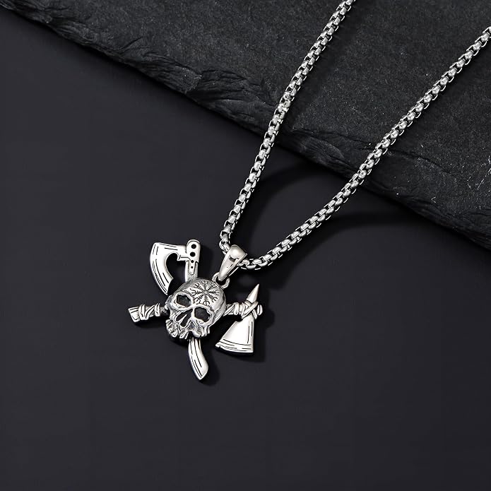 PROESS Viking Axe/Sword/Skull Necklace S925 Sterling Silver Thors Hammer Necklace Amulet Dagger Pendant Norse Viking Rune Jewelry Gifts for Men Women
