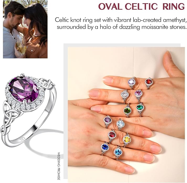 DAYBYDAY Celtic Birthstone Rings for Women 925 Sterling Silver Heart/Round/Pear/Oval Created Gemstone Moissanite Halo Engagement Promise Rings for Her Wife Birthday Anniversary Wedding Jewelry