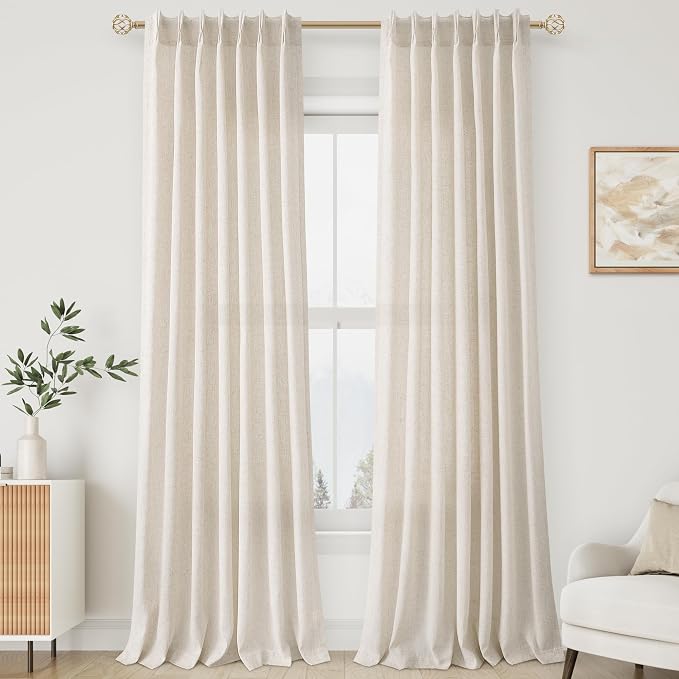 Linen Curtains 90 Inches Long for Living Room Cream Pinch Pleated Light Filtering Sheer Curtain with Hooks Rustic Boho Decor Privacy Window Drapes for Dining Bedroom Natural Beige Ivory 40x90 2 Panels