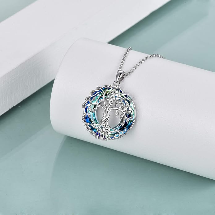 POPLYKE Tree of Life Necklace for Women Sterling Silver Celtic Knot Family Tree With Blue/Purple/Volcano Crystal Irish Gifts for Mom Wife Birthday Christmas