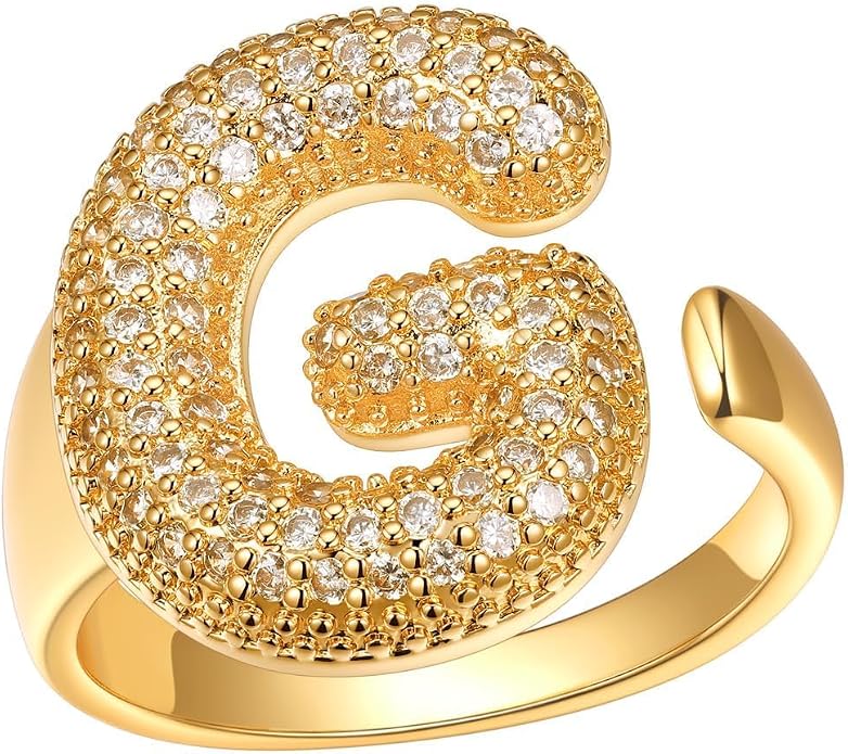 FindChic Initial Ring for Women, Gold Plated Chunky Letter Rings Open Adjustable Trendy Sparkling Cubic Zirconia Personalized Statement Rings Jewelry Gift