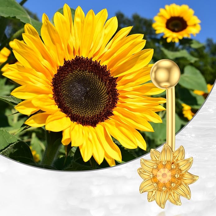 Sunflower Belly Button Ring 925 Sterling Silver 18K Gold Plated Natural Citrine Sunflower Navel Piercing Nail Jewelry Gifts for Women