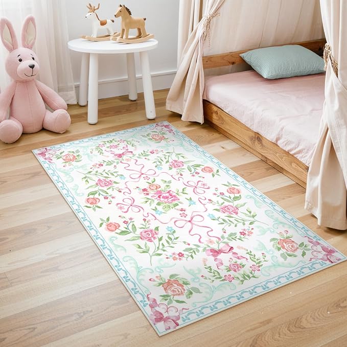 Collive 3x5 Nursery Rug, Boho Pink and Blue Floral Area Rugs Machine Washable, Soft Ultra-Thin Bow Carpet Non Slip for Girls Room Bedroom Entryway Playroom Living Room