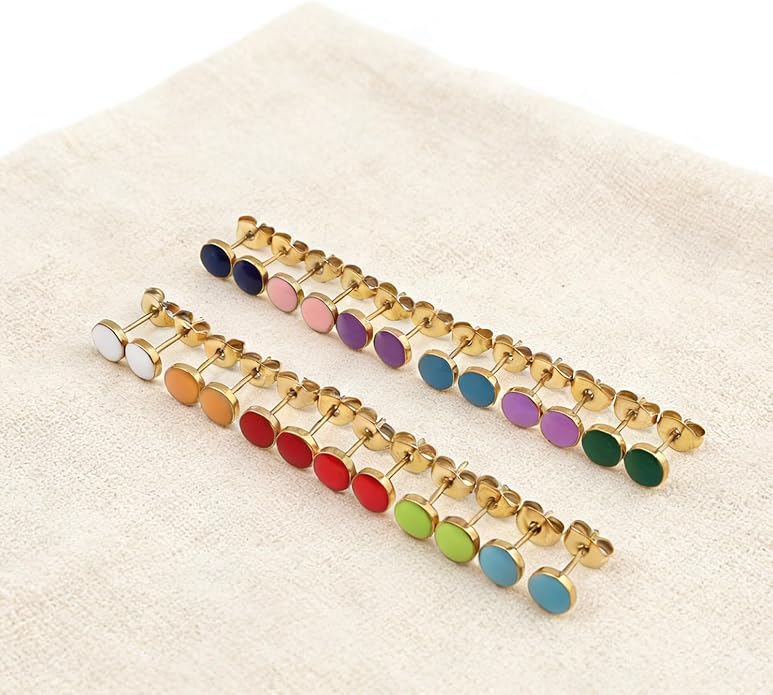 JMLOON 12 Pairs Enamel Flat Back Stud Earrings Surgical Stainless Steel Round Heart Star Square Hexagon Screw Back Stud Earrings