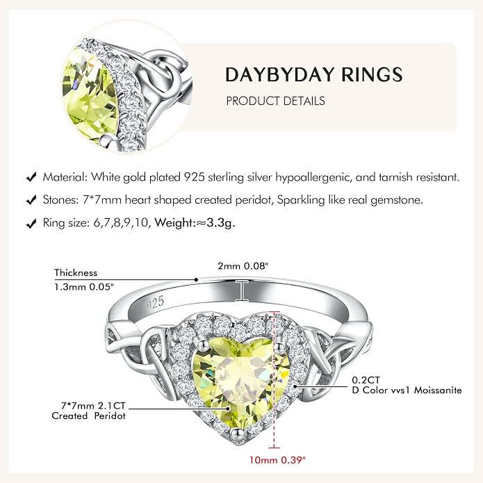 DAYBYDAY Celtic Birthstone Rings for Women 925 Sterling Silver Heart/Round/Pear/Oval Created Gemstone Moissanite Halo Engagement Promise Rings for Her Wife Birthday Anniversary Wedding Jewelry
