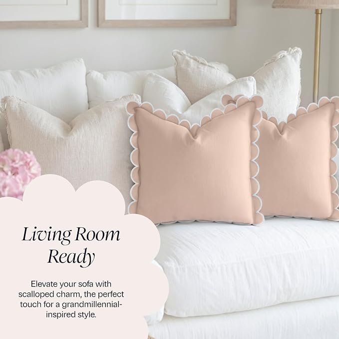 BEBE BASK Scalloped Pillow Cover - Set of 2-18 x 18 Inch - Scallop Pillow Covers – Peach Pink Scalloped Pillows - Scallop Pillows - 100% Cotton - Grandmillennial Style (Peach Pink/White)