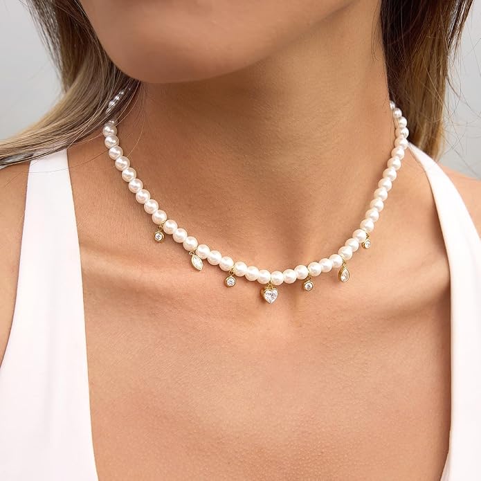 Natural Freshwater Baroque Pearl Necklace 14K Gold Plated Dainty Choker Necklace for Women Girls Snake Chain/Cuban Link/Paperclip/Ball Beaded Chain/Tennis Chain Fashion Jewelry for Gift