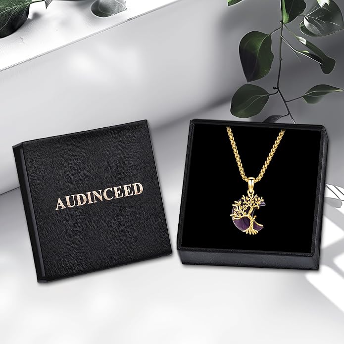 925 Sterling Silver Tree of Life Necklace, Crescent Moon Pendant with Amethyst, Moon Crystal Healing Jewelry Gift for Women