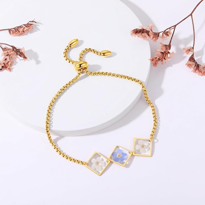 AUNTESIGN Forget-Me-Not Pressed Wildflower Bracelet | Pressed Flower Bracelet | Gold/Silver Pressed Flower Jewelry | Personalized Handmade Jewelry | Gift For Women