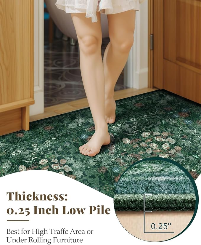 Lunasun Boho Green Long Hallway Runner Rug 2x6 Washable, Farmhouse Floral Botanical Non Skid Kitchen Floor Mat - Vintage Soft Throw Rug for Bathroom, Indoor Entrance, Foyer, Bedroom Bedside, Laundry