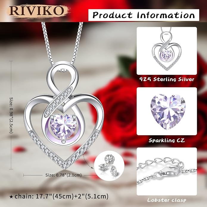 RIVIKO Infinity Heart Symbol Necklace for Women 925 Sterling Silver Love Heart Pendant Mothers Day Anniversary Birthday Christmas Jewelry Gifts for Women Mom Wife Sister Her Friends