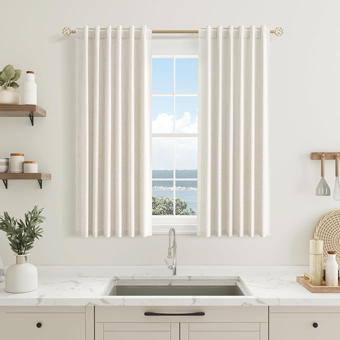 Guken 100% Blackout Linen Short Curtains for Bedroom 54 Inches Long Natural Cream Black Out Curtain Back Tab Thermal Insulated Room Darkening Window Drapes for Living Room 2 Panels Beige Ivory 40x54