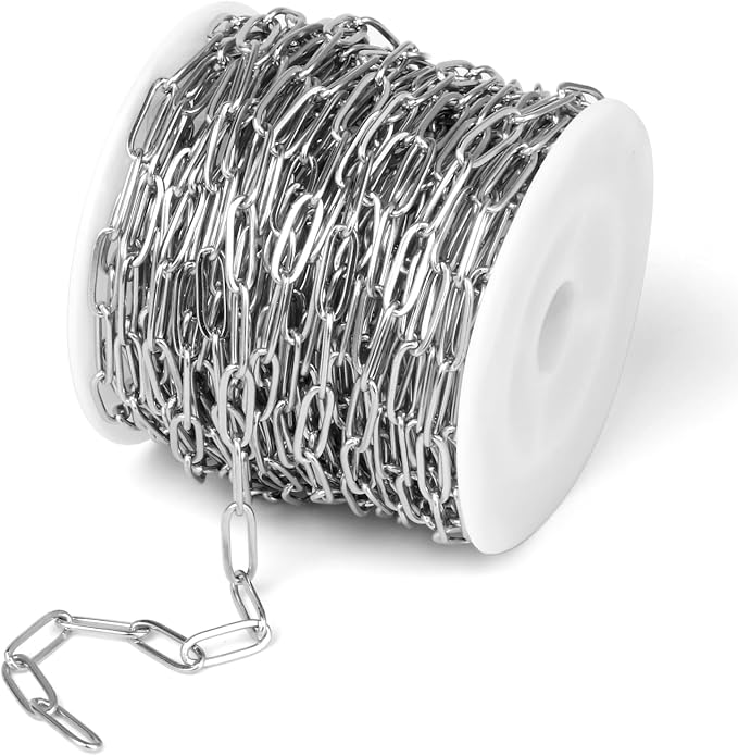 [33 Ft] Stainless Steel Paperclip Chains Roll, 4.3mm Width 304 Stainless Steel Oval Link Chains Spool Bulk for Jewelry Making