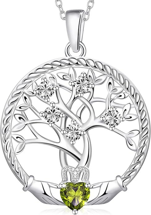 Birthstone Tree of Life Necklace for Women, 925 Sterling Silver Family Tree Pendant, Dainty Jewelry Birthday Mother's Day Valentine's Day Gifts for Her Mom Wife, 18"+2" Adjustable